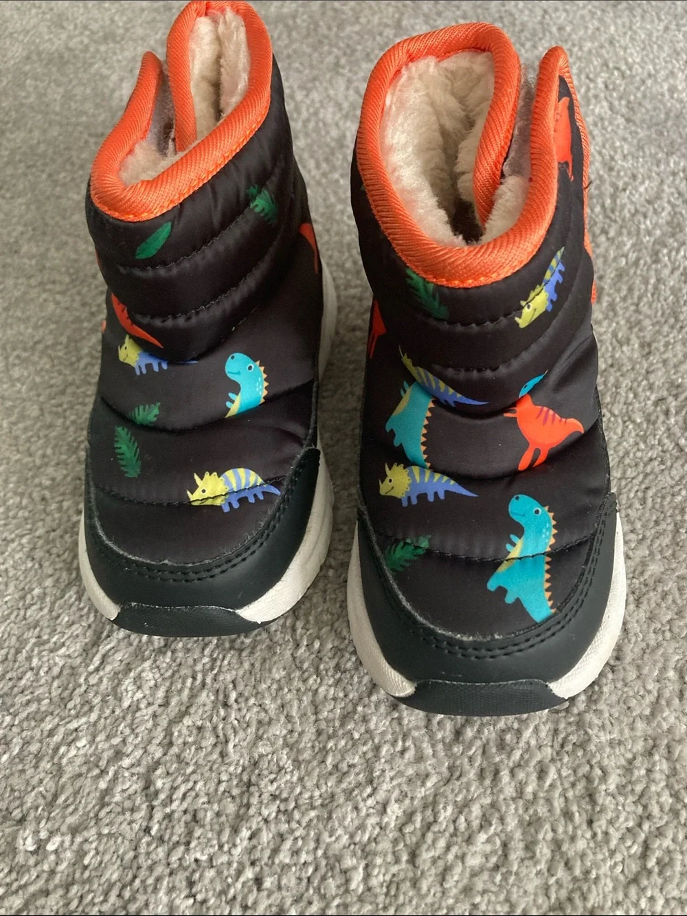 Kids Black Dino Winter Boots with Orange Trim